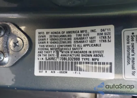 2011 Honda Cr-V Ex-L z USA, uszkodzony, nr VIN 5J6RE3H70BL032888